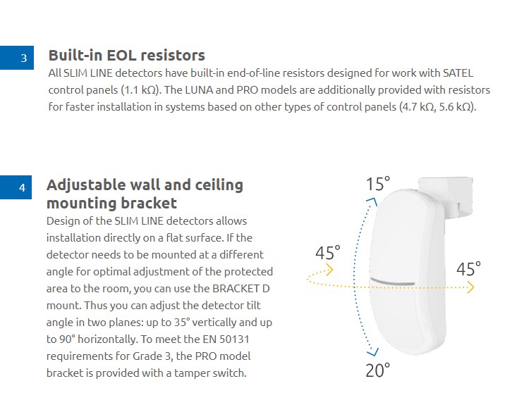 Built in EOL Resistors, Adjustable wall and ceiling mounting bracket