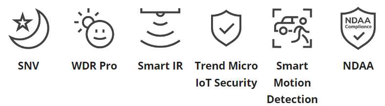 SNV, WDR Pro, Smart IR, Trend Micro IoT Security, Smart Motion Detection, NDAA